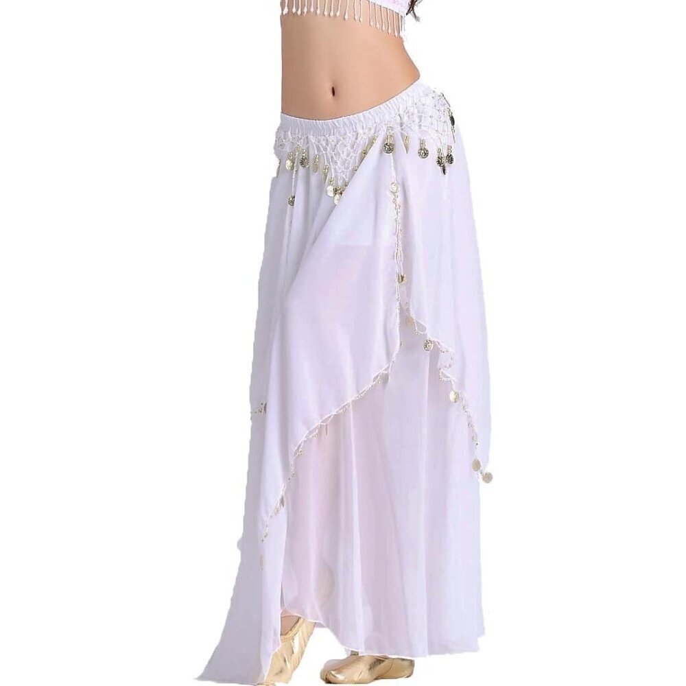 Women's Chiffon Belly Dance Skirt Indian Dance White Costume with Comfy Coins